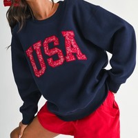 Sweat-shirt en molleton rayé USA pour femme avec logo personnalisé, col rond, épaules tombantes, pull décontracté, fabricant