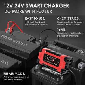 Chargeur de batterie FOXSUR 12V 24V 10A avec écran de réparation intelligent pour voitures et motos - Noir et rouge - Product Image 2