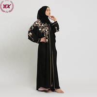 Nouvelle Robe Musulmane pour Femmes de Dubaï, Robe Turque Été 2023, Abaya Ouverte Brodée Florale Noire Modeste, Vêtement Islamique en Polyester