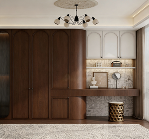 Armoire de chambre à coucher BALOM sur mesure, moderne et luxueuse, avec porte en verre cintrée, armoire intégrée avec coiffeuse, placard de chambre à coucher - Product Image 6