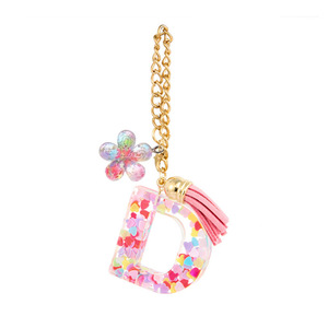 Llavero Estilo Boho con Letra, Colgante de Resina con Corazón y Confeti, Borla, Flor y Cadena Dorada, Accesorios para Bolso - Product Image 2