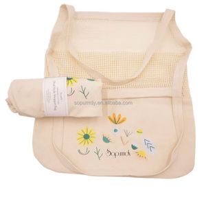 Sac de courses en filet de coton réutilisable avec logo personnalisé, couleurs naturelles beige arc-en-ciel, sac à fruits en filet promotionnel - Product Image 4