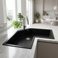 Évier de cuisine en composite de quartz noir en forme de L, à cuve unique, en granit, à poser en surplomb/sous plan avec trop-plein