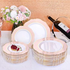 Einweg-PS-Hartplastik-Rundschalen mit Goldprägung am Rand und rosa Fransen, 7 Zoll Durchmesser, modernes minimalistisches Design-Set - Product Image 1