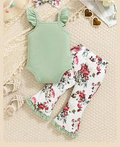 Abbigliamento Estivo per Bambina, Set <span class=keywords><strong>2</strong></span> Pezzi in Morbido Cotone con Maglietta con Scritta e Pantaloni Lunghi con Stampa Floreale, Maniche a Volant - Product Image 3