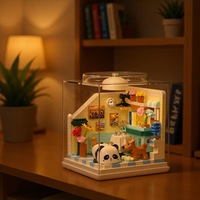 Mainan Blok Bangunan Plastik WF Panda, Set Mikro-Piece Edukatif, Puzzle Perakitan, Lampu Berkedip, Pajangan Adegan Dapur Kamar Tidur