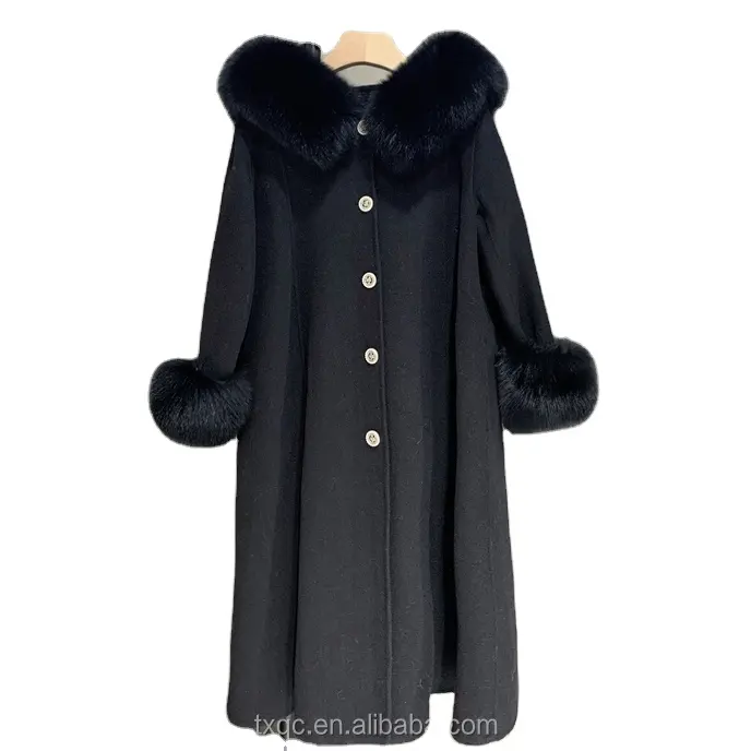 Uzun kadın yün palto moda çift yüzlü kaşmir ceket kabarık moğol kuzu kürk yaka ile