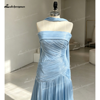 Lakshmigown Gaun Malam Biru Langit Tanpa Tali Halter Gaun Pesta Formal Putri Duyung Sifon Berlipat Mengkilap