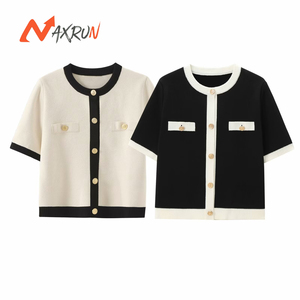 Casaco Feminino Casual de Malha com Bordado e Contraste de Cores, Manga Curta, Abotoamento Simples, Acolchoado e Respirável de Alta Qualidade - Product Image 1