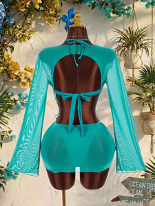 GX9892 Moda 2026 Verão Praia Feminino Roupa Sexy Boutique Biquíni e Vestido Mini Manga Longa Conjunto de 3 Peças - Product Image 4