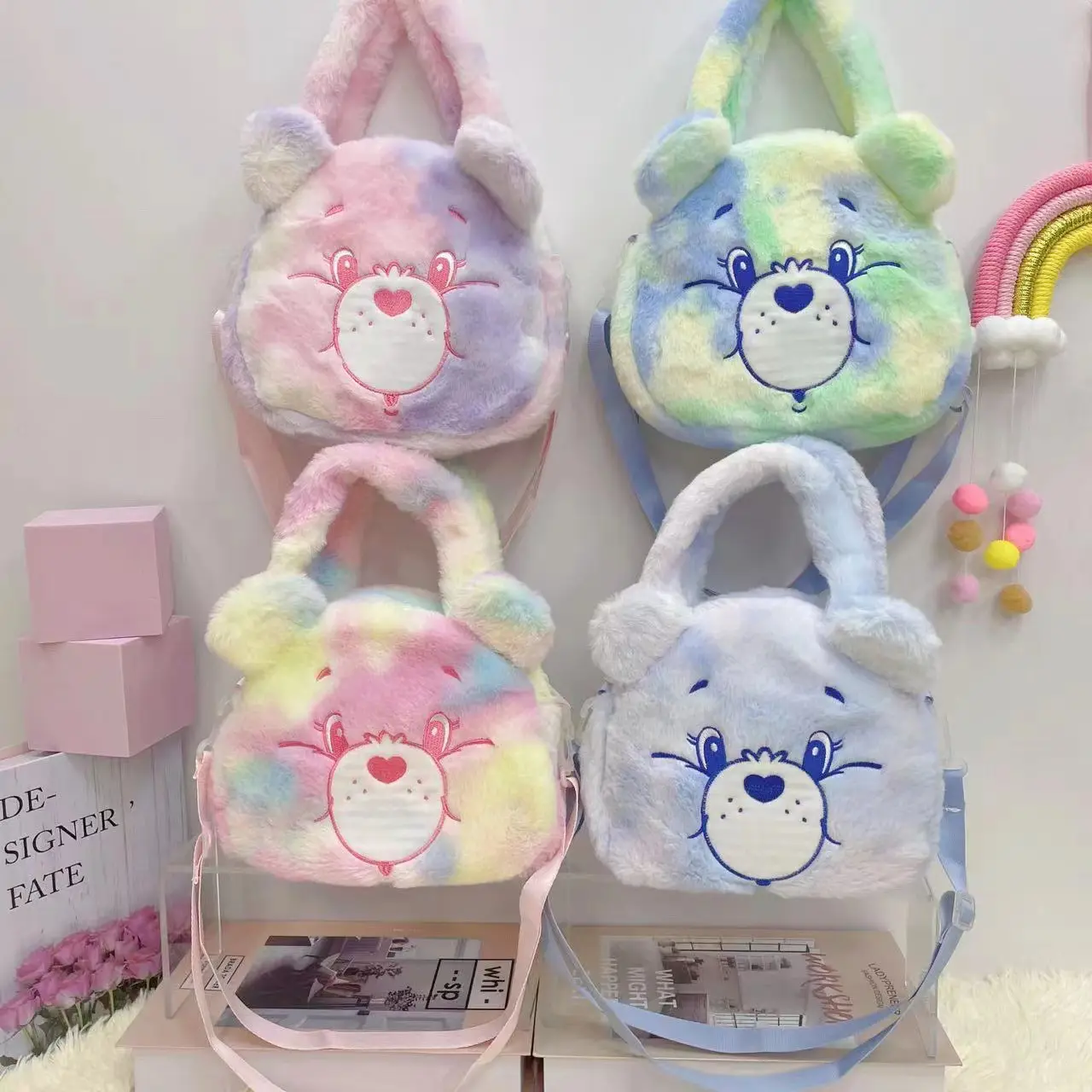 Hot Bán Phim Hoạt Hình Dễ Thương Carebear Sang Trọng Túi Xách Kawaii Fluffy Vải Chéo Cơ Thể Túi Đầy Màu Sắc Tie-Dye Đồng Xu Ví Cho Cô Gái