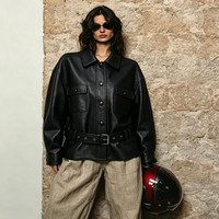 Blouson en cuir de mouton pour femme, coupe ceinturée, poches poitrine, simple boutonnage, coupe-vent et imperméable, idéal pour la moto - Collection Factory Outlet