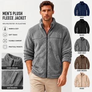 Men's Full <b>Zip</b> Plush Fleece Jacket Warm Stand Collar Elastic Cuff Plus Size Casual Coat for Hiking Travel Outdoor - Product Image 1