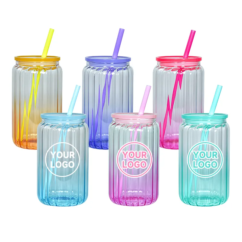Copos para beber Copos de café gelado 16 onças copo de vidro de sublimação com canudo de plástico colorido para bebidas longas