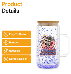 Wholesale RTS 16 oz Glass Cups Mugs <strong>Mason</strong> <strong>Jar</strong> Pre Drilled Hole Double Wall Glass Snow Globe <strong>Tumbler</strong> with Handle for Water Juice - Product Image 2