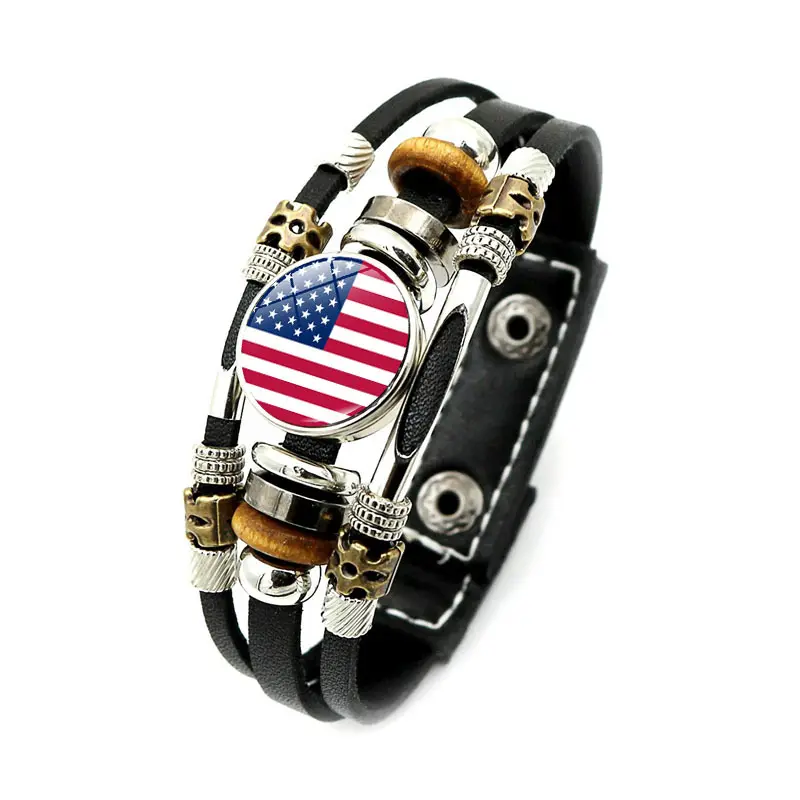 Pulsera personalizada de cuero con hebilla a presión de bandera americana estilo Punk pulsera tejida con cuentas multicapa