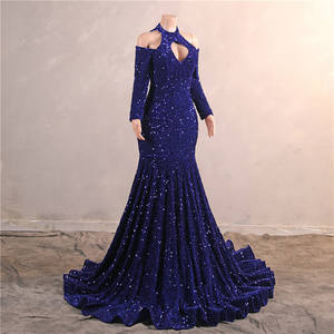 Vestido Sexy para Chicas, Cuello Alto, Hombros Descubiertos, Mangas Largas, Color Azul, Vestidos de Noche para Fiesta de Graduación - Product Image 2