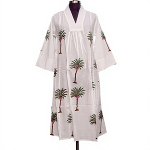Robe longue décontractée pour femme, imprimé palmiers, col en V, taille naturelle, coupe évasée, 100 % coton écologique - Product Image 1