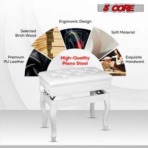 Banco para piano de madera con altura ajustable y asiento con almacenamiento, estilo clásico, color blanco - Product Image 6