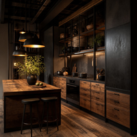 Ensemble de cuisine industriel haut de gamme en bois, finition mate bicolore personnalisée avec étagères ouvertes pour loft, villa, espace commercial, résistant à l'eau