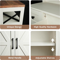 Buffet de cuisine moderne blanc style ferme avec dessus en bois rustique et portes coulissantes, meuble de rangement 4 portes pour salle à manger