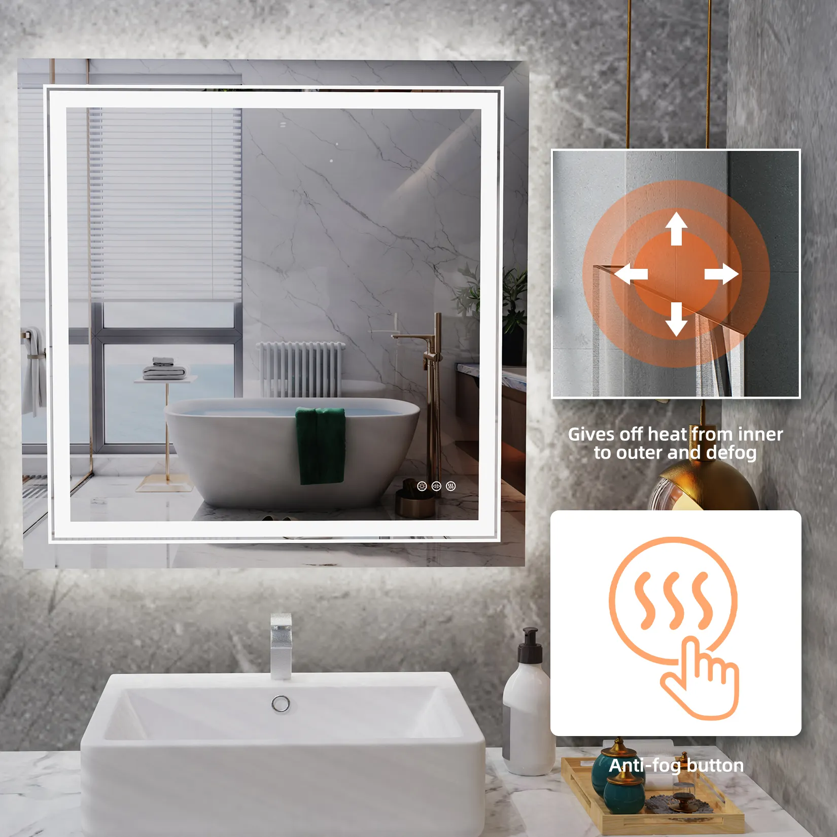 Custom 36inch IP44 frameless modern custom square mirrors illuminated fogless wall-mount led bathroom mirror with light