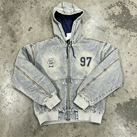 Hoodie Denim Acid Wash Distressed dengan Ritsleting EST 1987 97 Patchwork Streetwear untuk Reseller, Tersedia Kemasan OEM