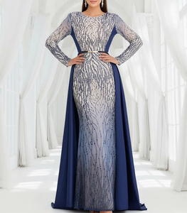 فستان سهرة طويل للنساء بأكمام طويلة مزين بالترتر الأزرق مع حزام خصر وذيل قابل للفصل - Product Image 1