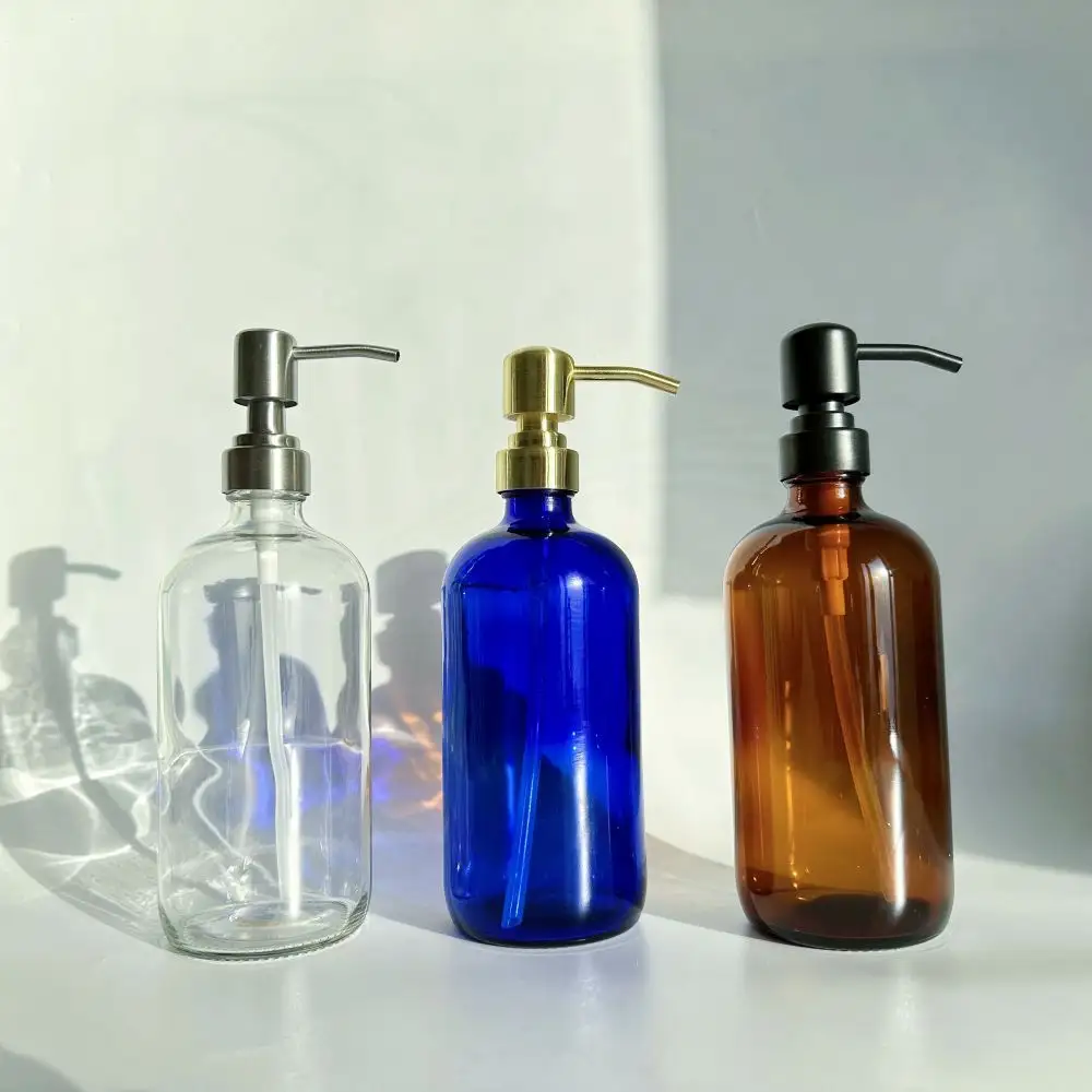 卸売16オンス琥珀色ガラスラウンド詰め替え可能なハンドサニタイザー液体石鹸ディスペンサーボトル