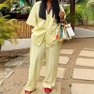 Women's New Arrival Striped Short-Sleeve Oversized Top & High-Waisted <b>Pants</b> African Casual 2-Piece Set Fashion - Product Image 6