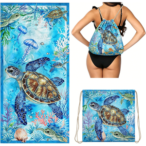 Borsa Asciugamano da Spiaggia 2-in-1 con Logo Personalizzato in Microfibra Riciclata Scamosciata Anti-Sabbia Stampa Tartaruga Marina, Asciugamano da Viaggio Regalo <span class=keywords><strong>per</strong></span> Nuoto e Surf - Product Image 1
