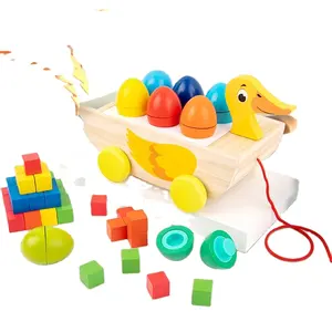 Early Childhood Education Wooden Fun Dragging Duck with Intelligence Twisting Eggs Building Blocks Car Toys