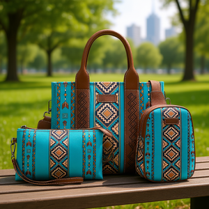 Ensemble de 4 sacs à main pour femmes, imprimé géométrique rétro, légers, en microfibre, sacs de travail décontractés, D0100HAMU9Y - Product Image 2