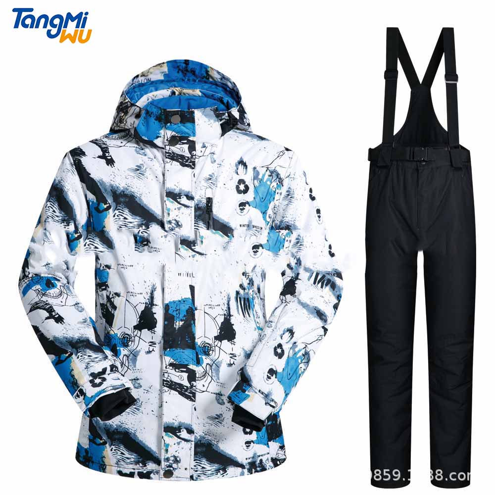 TMW wholesale winter men's windproof waterproof ski coat with gallus ski pants trajes de esquiar ink painting men's ski suits