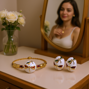 Ensemble de bijoux classique pour femmes en acier inoxydable plaqué or 24 carats avec motif d'insectes, pierres en zircon, collier, bracelet, boucles d'oreilles, bague - Product Image 2