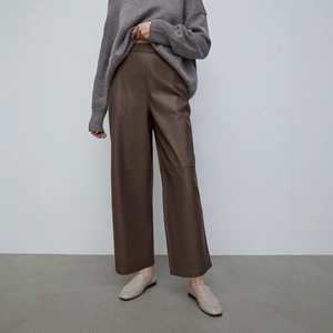 Pantalon en similicuir PU pour femme, taille haute, coupe droite, marron, style business décontracté, longueur cheville, finition mate - Product Image 1