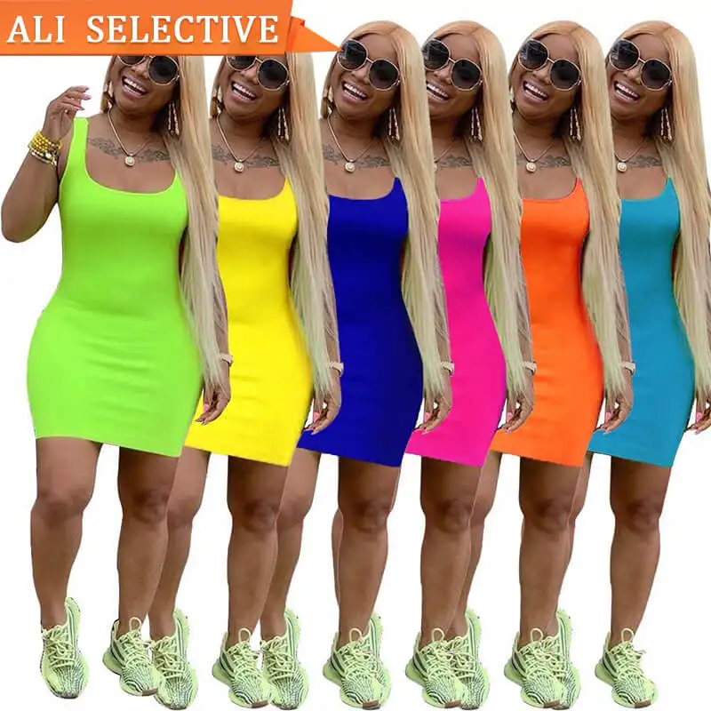 Logo Custom Casual Dresses Woman Clothing Fashion Dresses Solid Color Summer Sleeveless Woman Sexy Midi Bodycon Dress Clothes