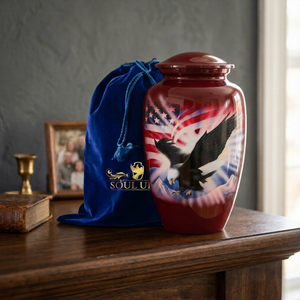 Urne funéraire en métal SOULURNS, drapeau américain, aigle, adulte, grande taille, design personnalisable, couleur rouge, écologique, durable - Product Image 1