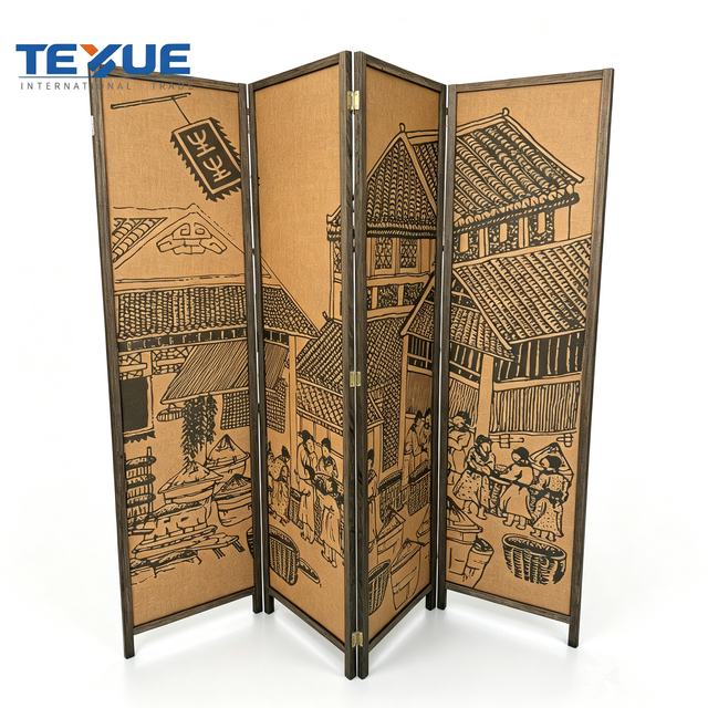 Printed Chinese Style Wooden Room Divider 4 Panel Folding Screen Movable Wedding Privacy Partition Living Room