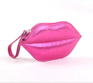 2023 custom logo fashionable hard PU leather lip shaped purple pink make up cosmetic lip shape makeup bag