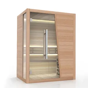 Cabine de sauna en bois infrarouge standard pour 2 à 3 personnes Cuisinière de sauna traditionnelle en pruche Sauna à vapeur sèche avec lumière colorée