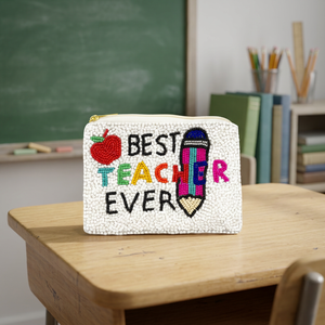 Pochette à monnaie brodée de perles pour enseignant, pochette zippée en coton, sac cadeau personnalisé avec logo pour l'école - Product Image 2