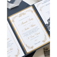 Carte de vœux de mariage classique de luxe bleu marine et or, impression typographique dorée, pelliculage, papier fantaisie, 3 inserts, marque personnalisée