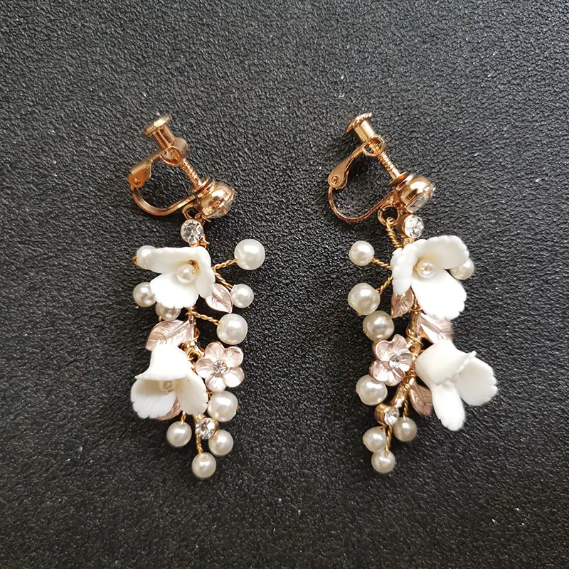 SLBRIDAL Handmade Rhinestones Crystal Pearls Ceram Flower Bridal Dangle Earring Wedding Chandelier Earring Fashion Women Jewelry