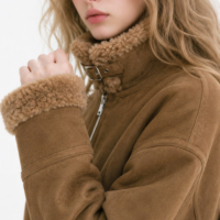 Blouson Bomber en Laine et Peau de Mouton Synthétique pour Femme, Coupe Slim, Chaud, Hiver, Marron, Personnalisable OEM ODM