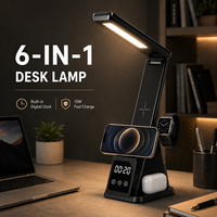 Chargeur sans fil rapide 6-en-1, lampe de bureau LED avec horloge numérique et alarme, station de charge pliable 15W pour téléphone, écouteurs et montre
