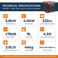 Générateur onduleur à cadre ouvert 4kW 4 temps 223cc OHV 78dB Onde sinusoïdale pure 9L 4.5H CE EPA Démarrage par lanceur 230V pour usage domestique et construction
