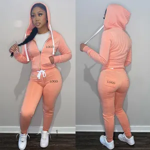 Grosir kustom Logo wanita penuh Zip Up Hoodie Joggers Sweatpants Sweater Set katun Tracksuit 2 Piece celana Jogging pengendara sepeda