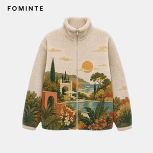 Chaqueta de forro polar estampada estilo vintage para <span class=keywords><strong>hombre</strong></span> y mujer, abrigo cálido de sherpa, ropa de calle con cuello alto y cremallera, venta al por mayor - Product Image 1