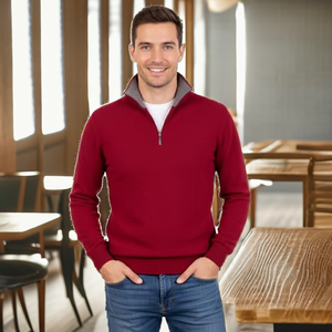 Men's Red <b>Quarter</b> <b>Zip</b> Knitted <b>Sweater</b> Full Sleeve Solid Color Pullover Autumn Wear - Product Image 2